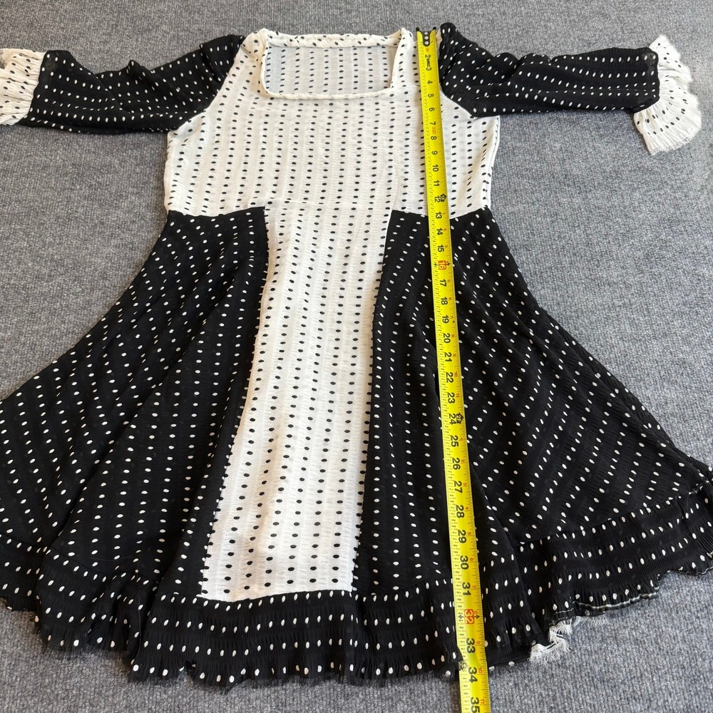 Black & White Polka Dot Ruffle Mini Dress Square Neck 3/4 Sleeve Textured Boho - Picture 7 of 7